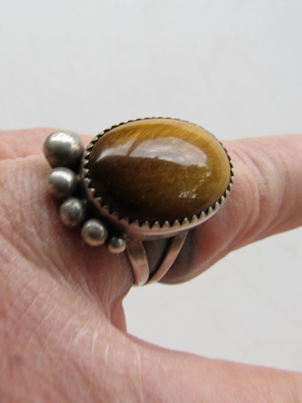 Vintage Handmade Artisan Sterling and Tiger's Eye Bear Paw Ring Size 8.75
